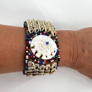 Wide Statement Bracelet With Cowrie Shells and Beads Multicolor‎ Toggle Clasp